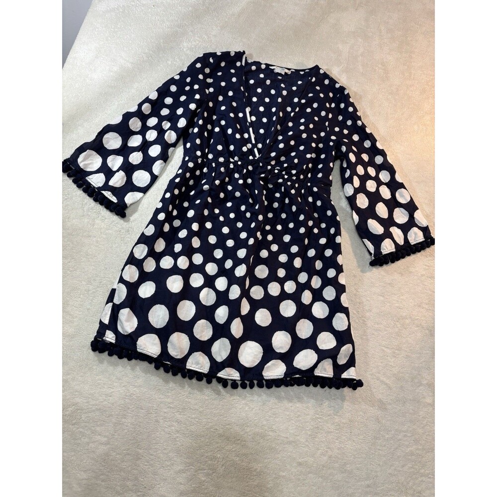 Boden Esmeralda Beach Kaftan Size US 8 R Swim Cover Up Navy Blue White pom poms